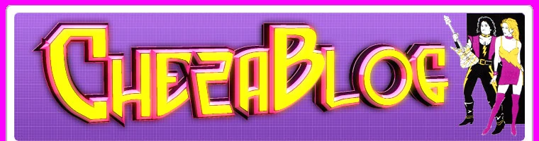 The original chezaBLOG header: chrome-yellow ChezaBlog lettering on a purple grid, with comic drawings of Chezaday and a Chezababe
