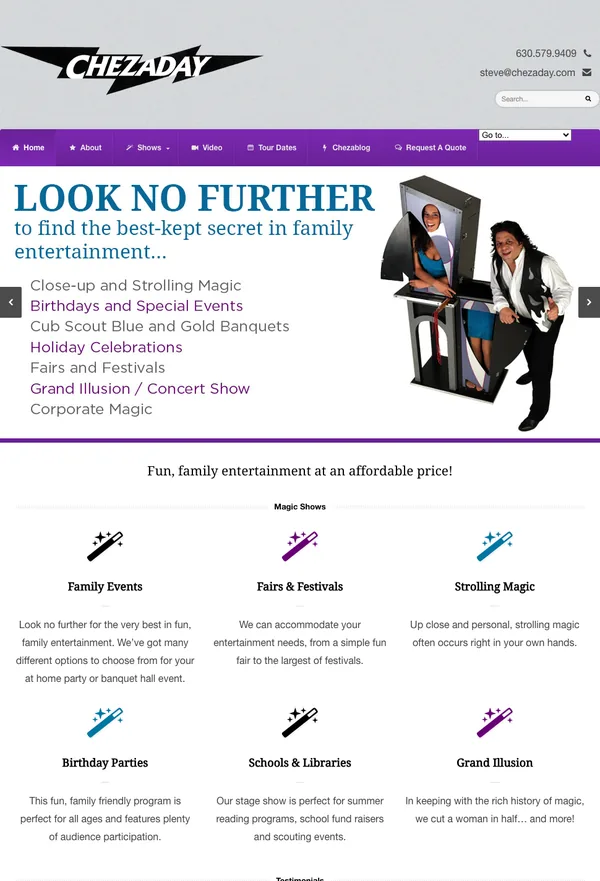 The 2013 chezaday.com: black bolt logo, purple menu bar, LOOK NO FURTHER headline beside a photo of Steve with an illusion cabinet, and a grid of magic show categories