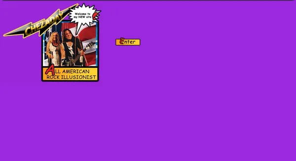 The 2002 chezaday.com splash page: a yellow lightning-bolt Chezaday logo, a photo framed by a comic speech bubble saying Welcome to my NEW site, and an Enter button on solid purple