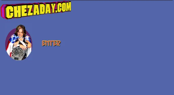 The 2003 chezaday.com splash page: a chunky yellow 3-D CHEZADAY.COM logo and a photo of Steve Chezaday in a stars-and-stripes cape, on slate blue