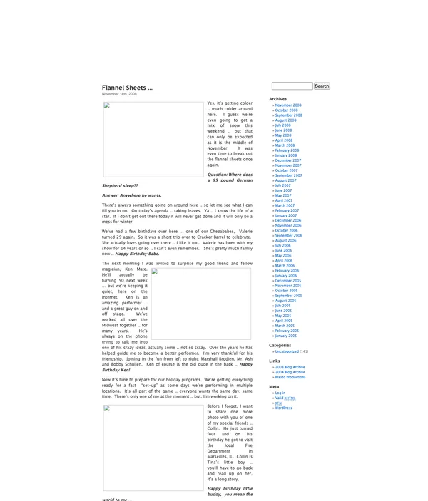 The real chezaBLOG as captured in December 2008: white content column of long personal posts with photos, blue link sidebar with monthly archives on the right