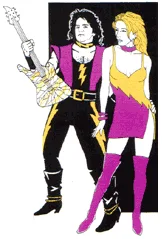 Comic-style illustration of Chezaday with a guitar and a Chezababe in pink and purple